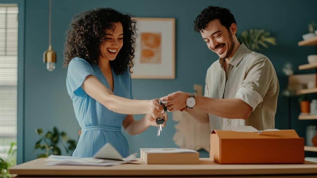 a smiling individual receiving a pre-approval letter for an FHA loan from a loan officer in a professional office setting