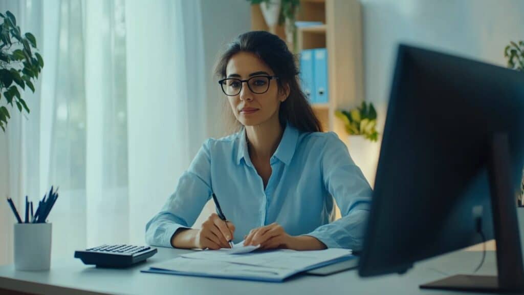 a person sitting at a desk, filling out FHA loan application forms with a computer and calculator nearby