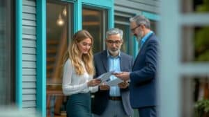 a young couple standing in front of a house, examining FHA loan documents with a friendly mortgage advisor.