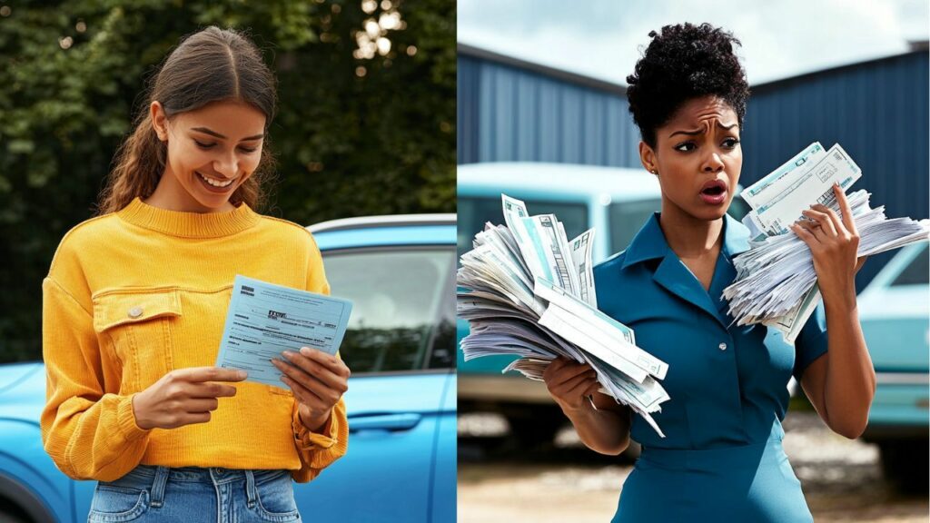 a split-screen showing two individuals: one smiling while holding a smaller bill, the other frowning while holding a larger bill, both standing next to identical cars