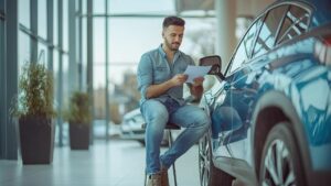 a young professional examining a car loan document while leaning against a shiny new sedan in a modern dealership showroom.