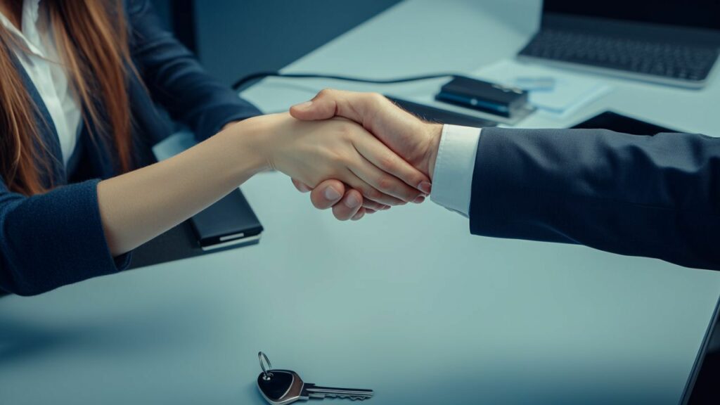 a middle-aged person confidently shaking hands with a loan officer across a desk, with a car key visible on the desk surface.