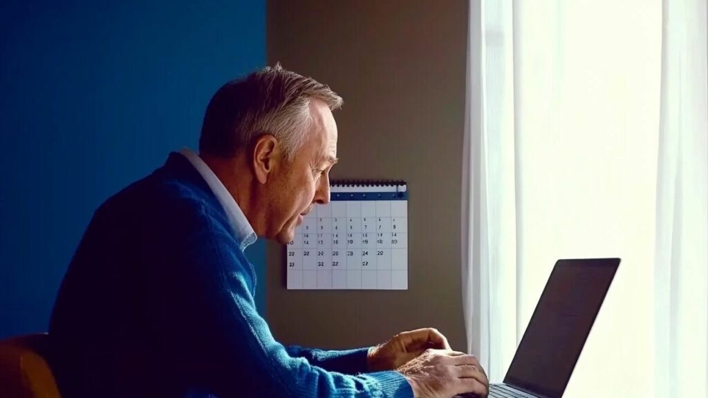 a calendar with specific dates circled, a person pondering next to it, and a car parked in the background