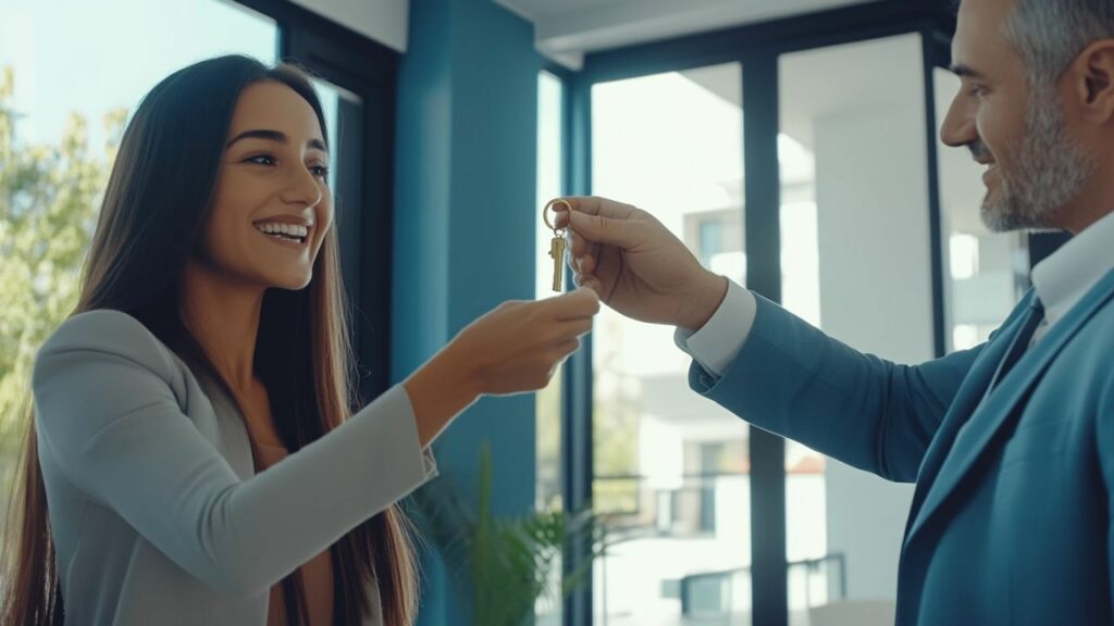 a confident person receiving a golden key from a banker, with a car silhouette visible through a nearby window