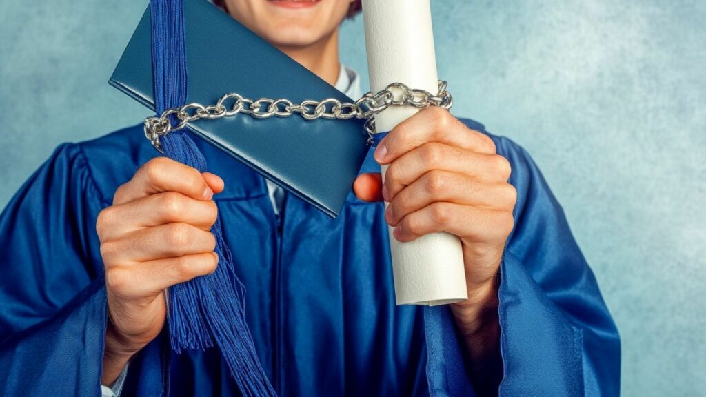 a young graduate holding a diploma in one hand and a broken chain in the other, symbolizing freedom from student loan debt.