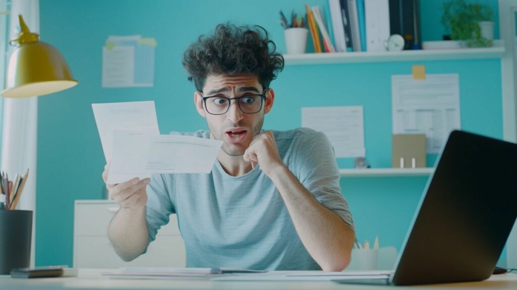 a person looking frustrated while examining private student loan documents, with a faint image of a lifeboat in the background