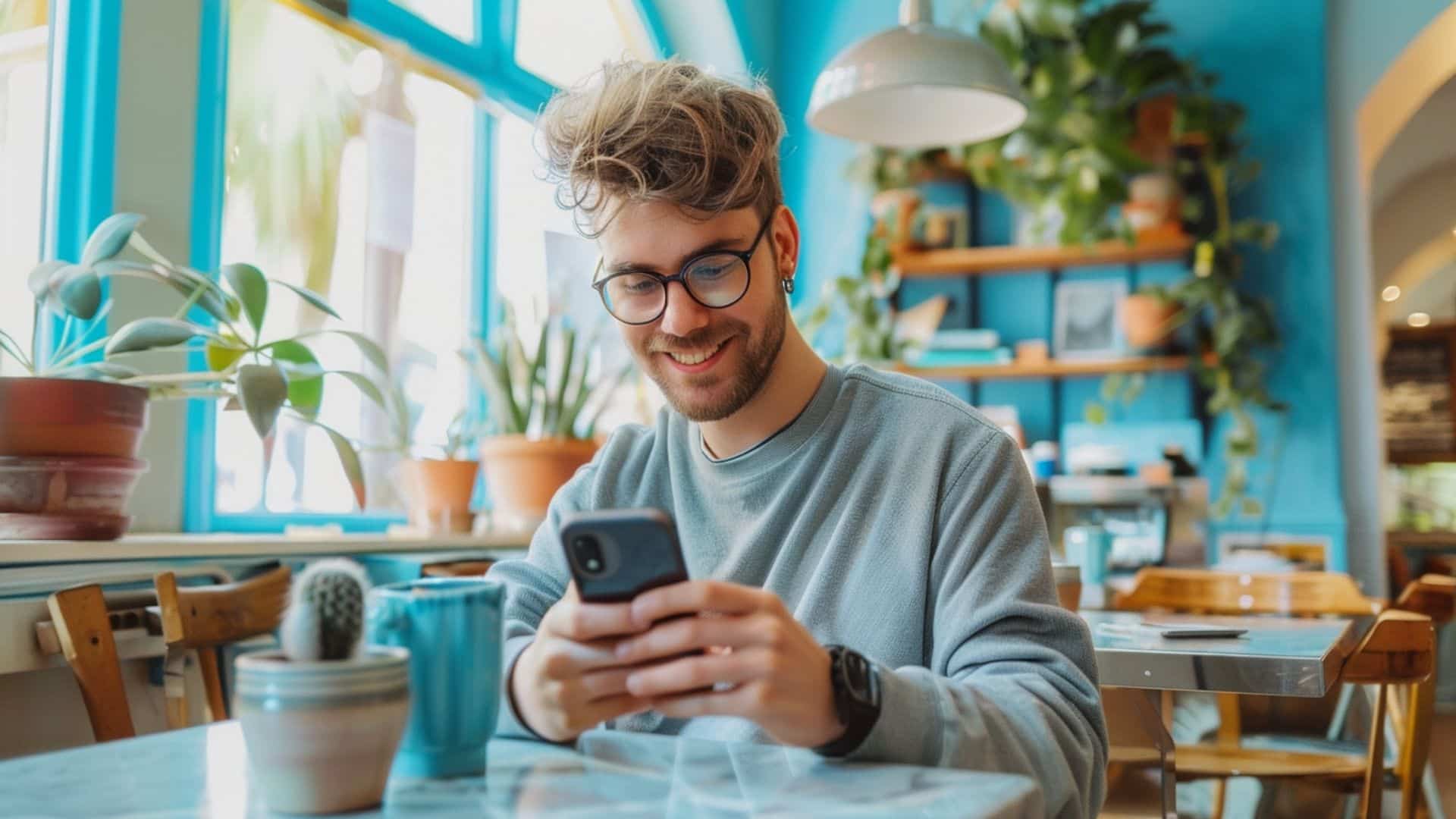 Hombre abriendo una app para invertir